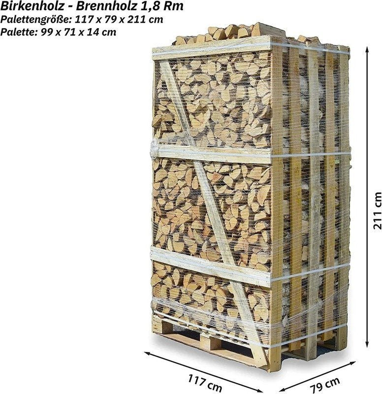 firewood birch 25 cm – 1,8 stacked cubic metre on a pallet, kiln-dried & ready to burn