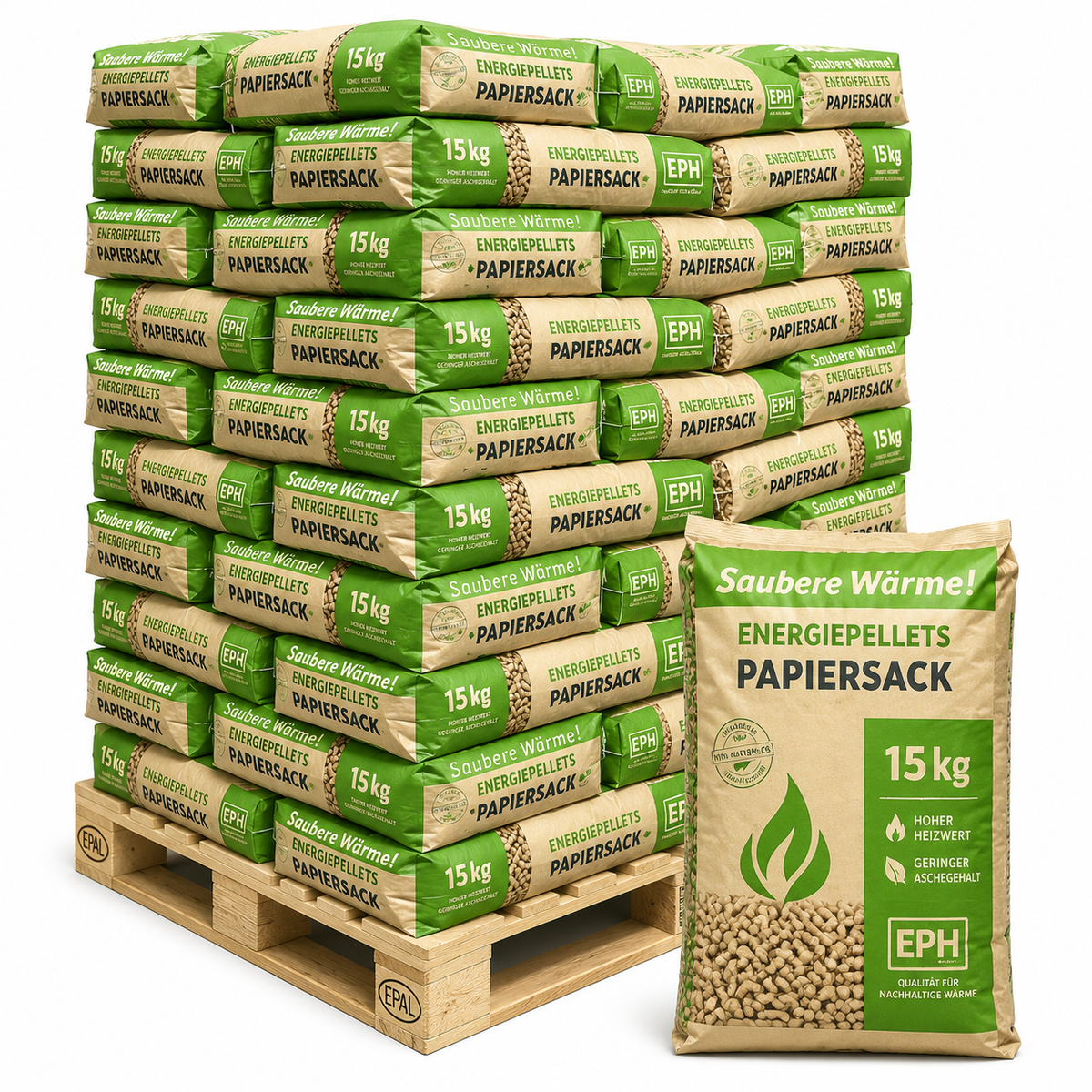 EPH wood pellets in a paby bag, ENplusA1, 65 x 15kg pallet